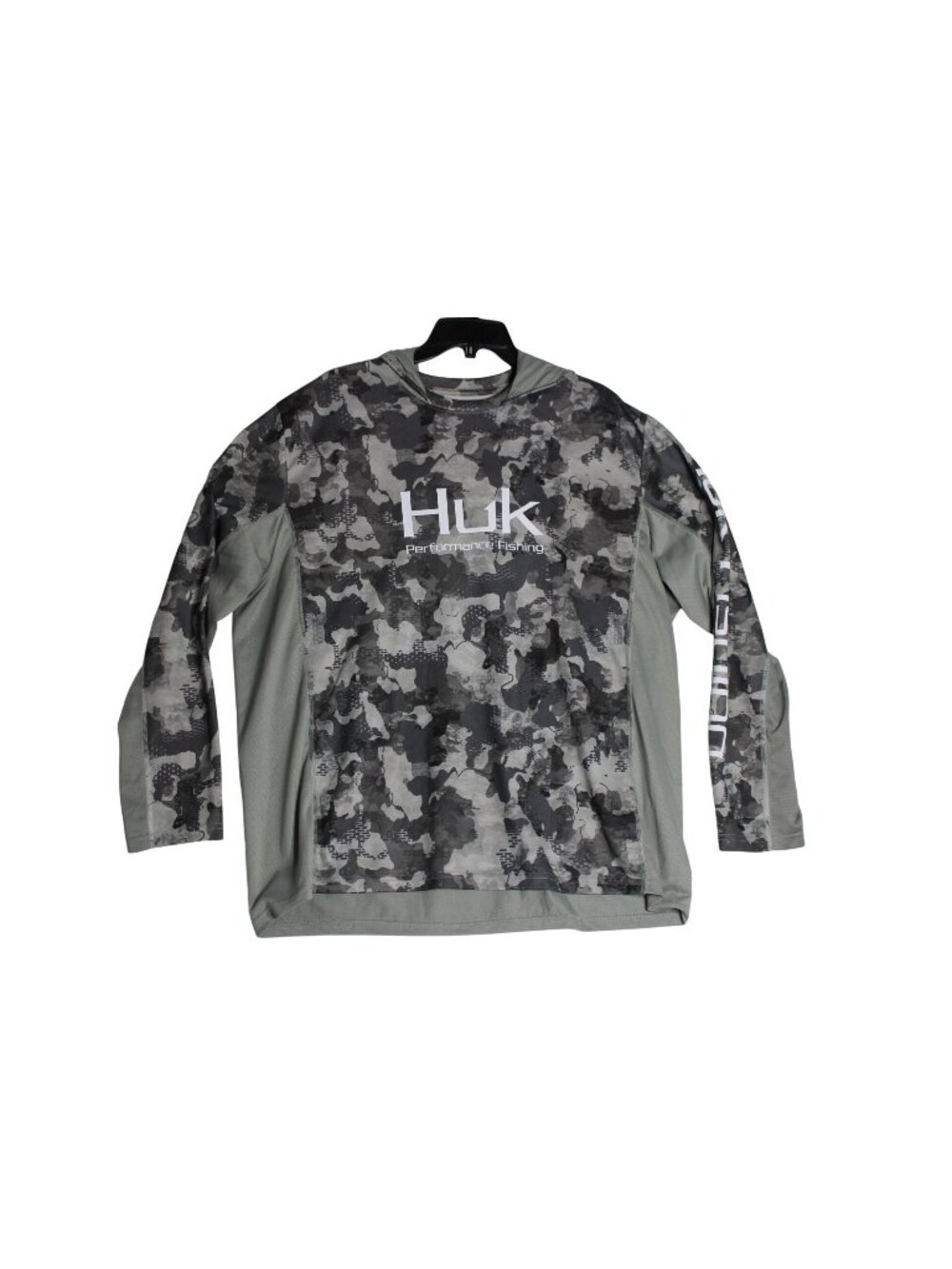 HUK FISHING Performance L/S Vented Grey Camo Hooded Fishing Shirt Men's 2XL